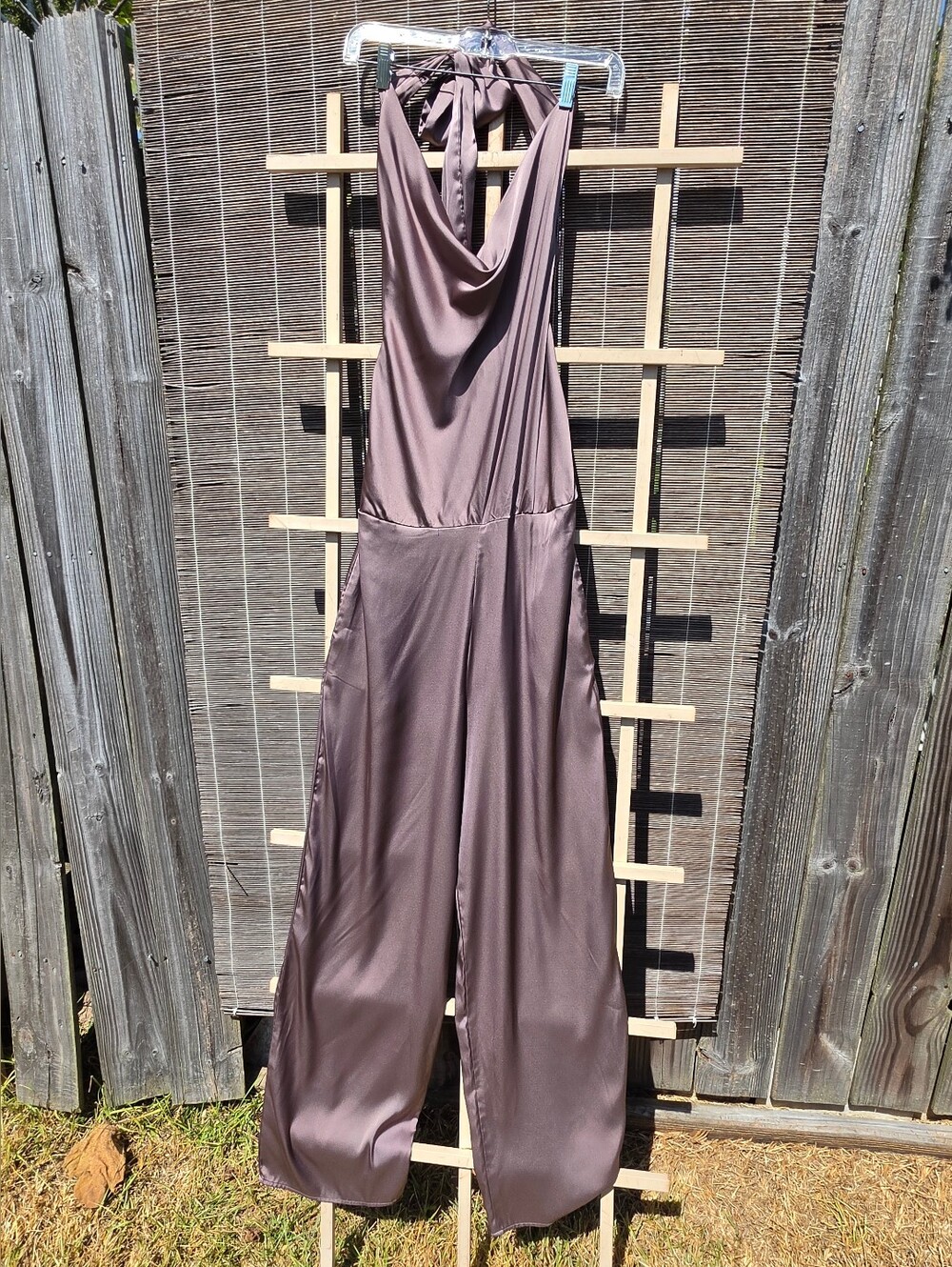Express cowl neck jumpsuit Chocolate satin wide leg 4